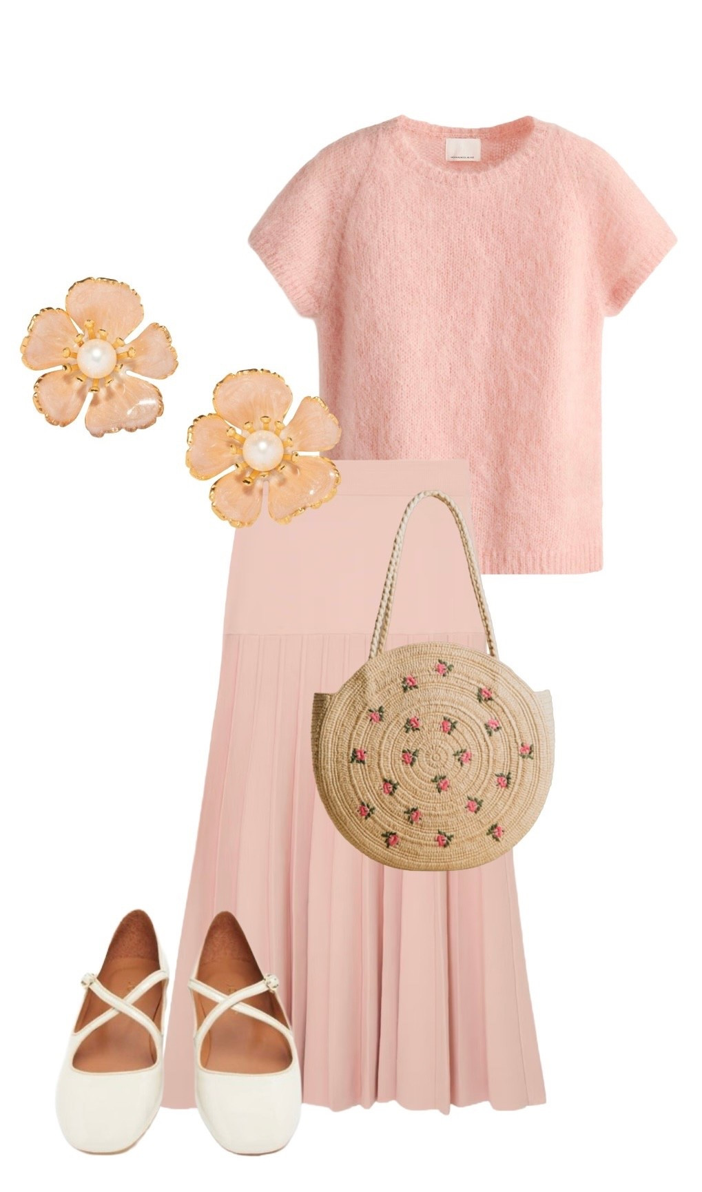 This elegant blush pink outfit is the perfect spring look - feminine and romantic with plenty of textures and a hint of florals! 🎀

Minor Blend Pink Top - H&M Premium new season
Pink Midi Pleated Knitted Skirt - Reiss new season
June Straw Broderie Flower Bag - Sezane new season
Hand-painted Small Floral Earrings - The Pink Reef from Wolf and Badger
Ecru Flats - Jonak Paris at La Redoute (Final Sale!)
