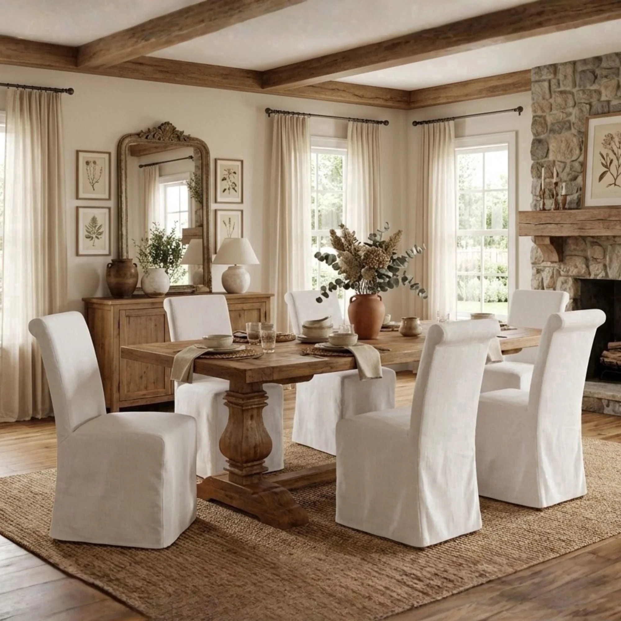 Dayalane Slipcovered Parsons Dining Chairs Set of 4, Modern Farmhouse High Back Linen Upholstered Chair with Removable Skirted, Classic Wooden Side Kitchen Chairs for Dining Living Room, Beige | Walmart (US)