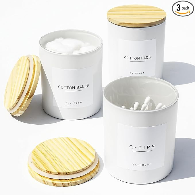 3PCS Farmhouse 13.53oz White Bathroom Canisters with 12 Labels & Wooden Lid Thick Glass Jar Set Q... | Amazon (US)