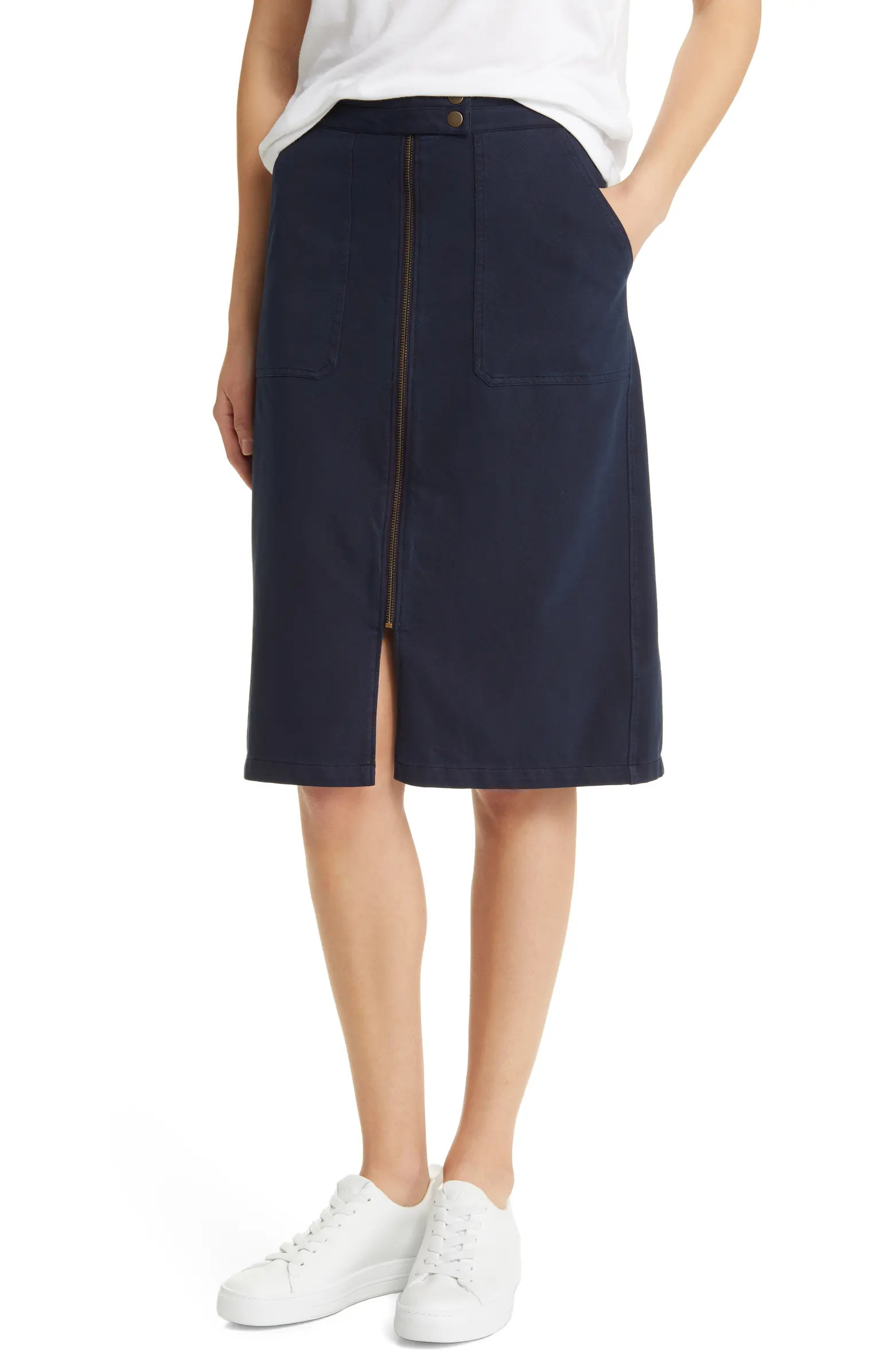 Relaxed Zip Front Twill Midi Skirt | Nordstrom