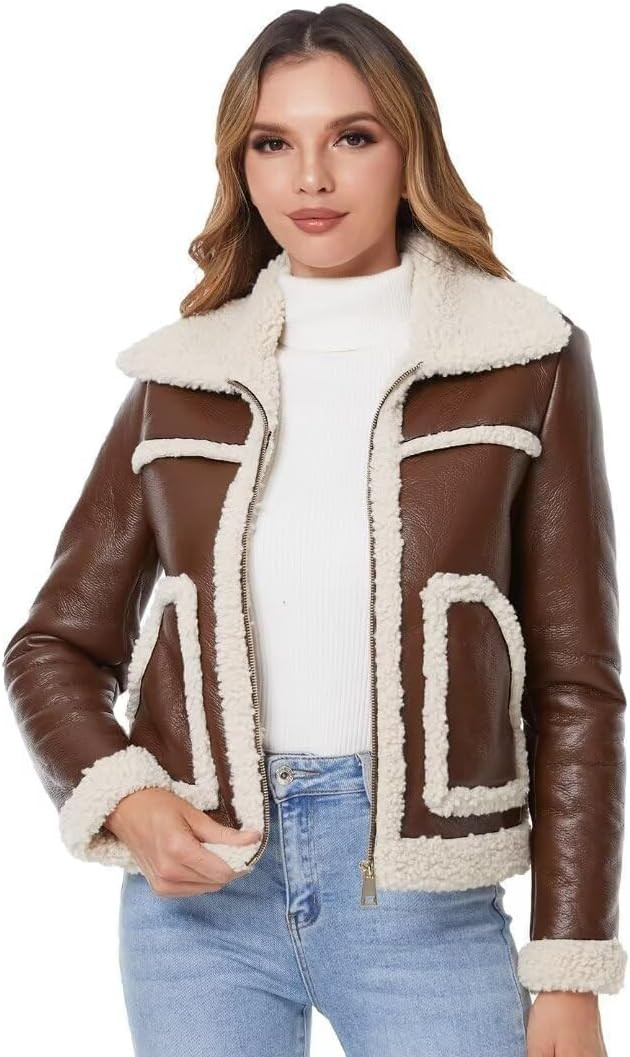 DIASHINY Women's Faux Shearing Fur Winter Coat Warm Thick Fur Lined Faux Leather Jacket | Amazon (US)