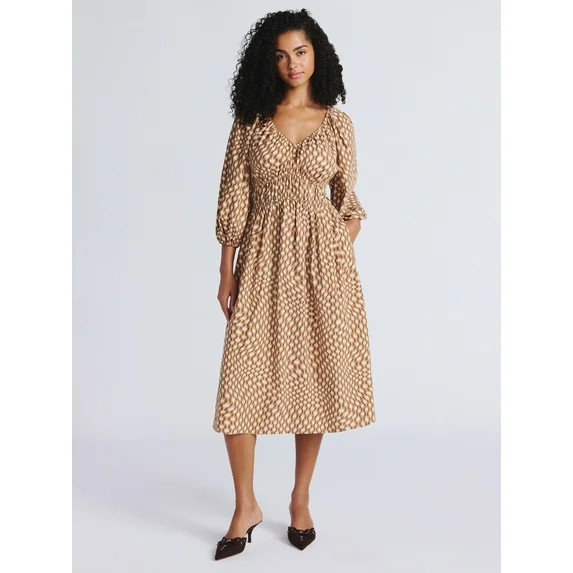 Time and Tru Women's Cinch Waist Midi Dress with Long Sleeves, Sizes XS-XXXL | Walmart (US)