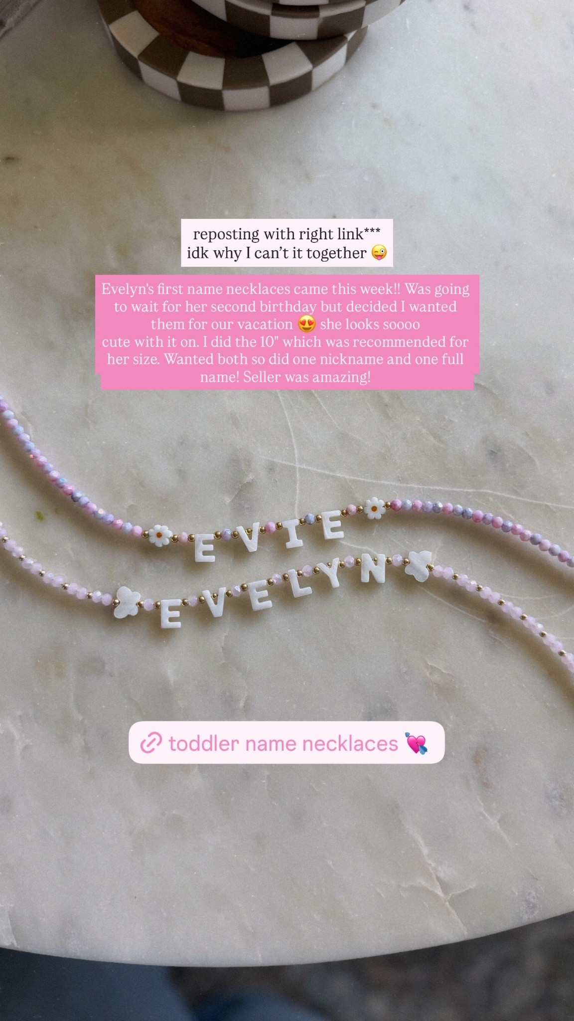 Evelyn's first name necklaces came this week!! Was going to wait for her second birthday but decided I wanted them for our vacation 😍 she looks soooo
cute with it on. I did the 10" which was recommended for her size. Wanted both so did one nickname and one full name! Seller was amazing! reposting with right link*** idk why I can’t it together 😜 @shopmy @etsy
