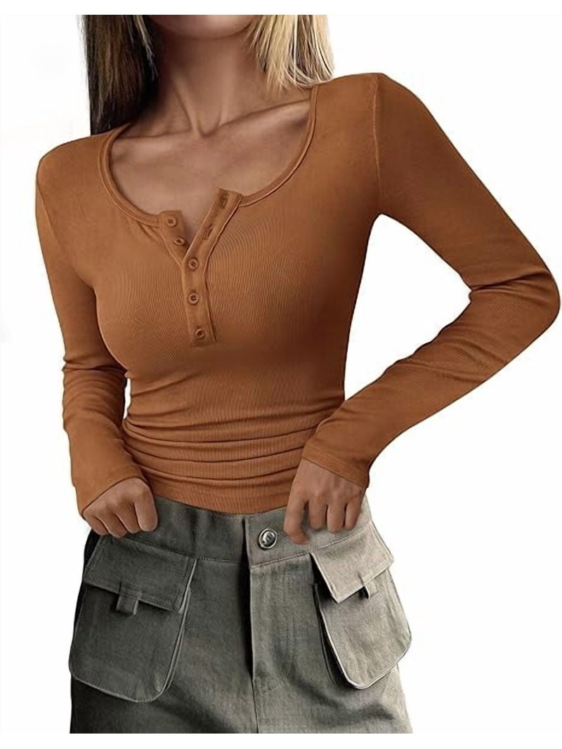 PRETTYGARDEN Women's 2026 Spring Fall Long Sleeve Henley T Shirts Button Ribbed Knit Slim Fit Cas... | Walmart (US)