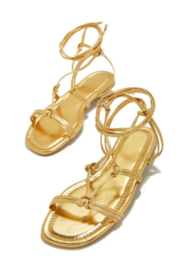 Miss Lola | Coastal Villa Gold Lace Up Sandals | MISS LOLA