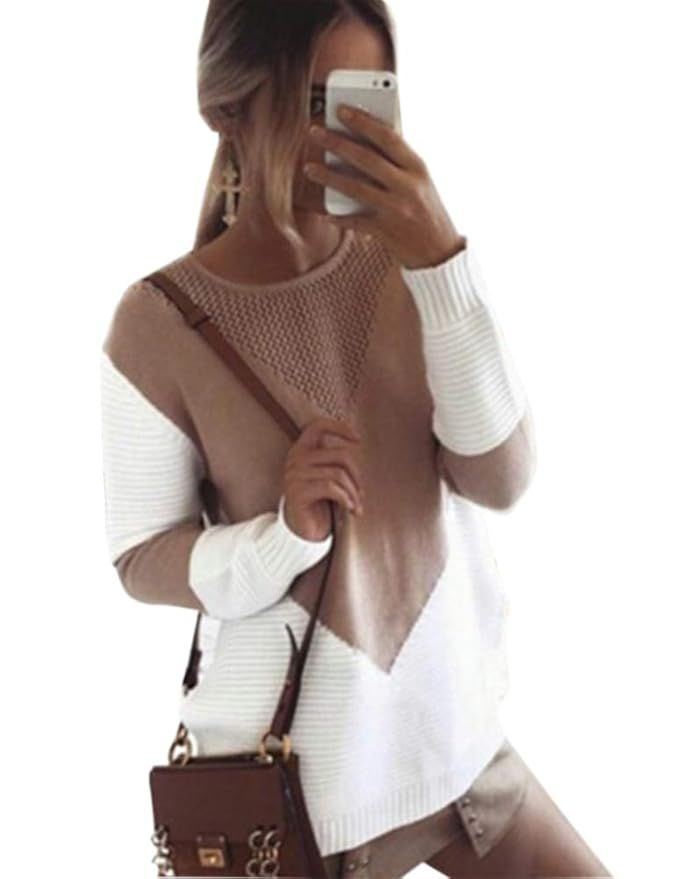 shermie Women Long Sleeve Crew Neck Pullovers Stitching Color Loose Knitted Sweaters Camel M at A... | Amazon (US)