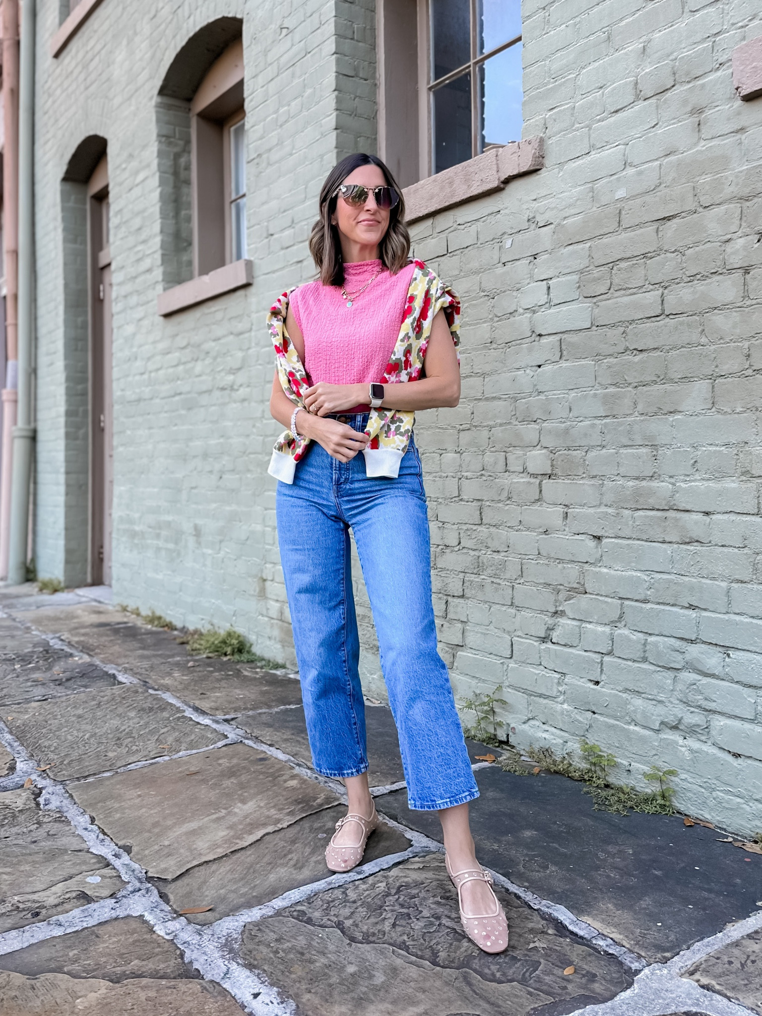 Mesh Rhinestone Flats are SO GOOD! I love them. For TTS. 
Madewell denim - I size down one size in Madewell jeans. 
Wearing size small in Abercrombie top. 
Krewe sunglasses. 
Cabi sweater (not likable). Wearing size small  

#LTKfindsunder100 #LTKshoecrush