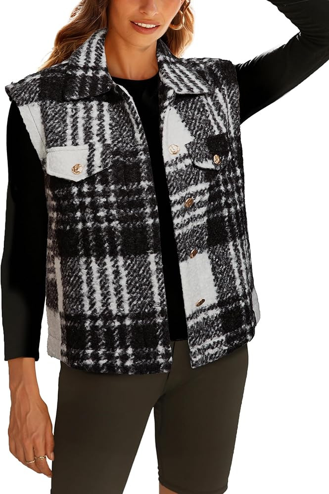 Glamaker Womens Faux Fur Plaid Vest Fall Button Up Fuzzy Casual Sleeveless Outerwear Jacket with ... | Amazon (US)