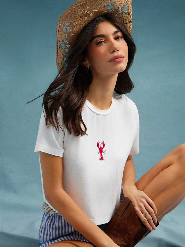 WESTFADE Summer Lobster Embroidered Knit Jersey Crew Neck Boxy Cropped Short Sleeve Western Cowgirl Baby Tee Spring Break Beach Vacation | SHEIN