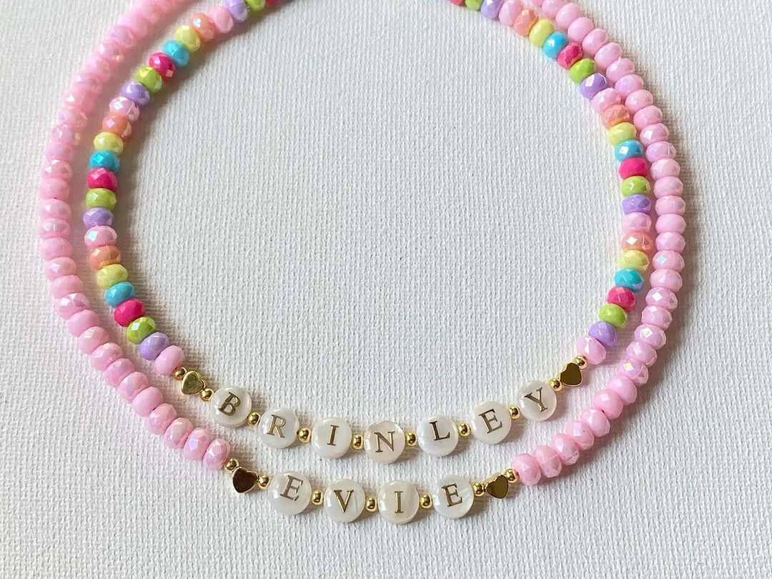 Toddler Girls Name Necklace, Custom Kids Necklace, Mother of Pearl Gold Letter Beads, Colorful Be... | Etsy (US)