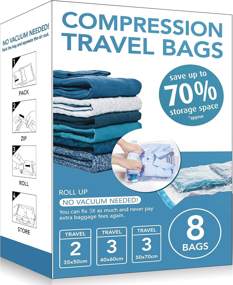 8 Pack Travel Compression Bags for Clothes Luggage , Space Saver Bags for Travel ,No Pump Needed,... | Amazon (US)