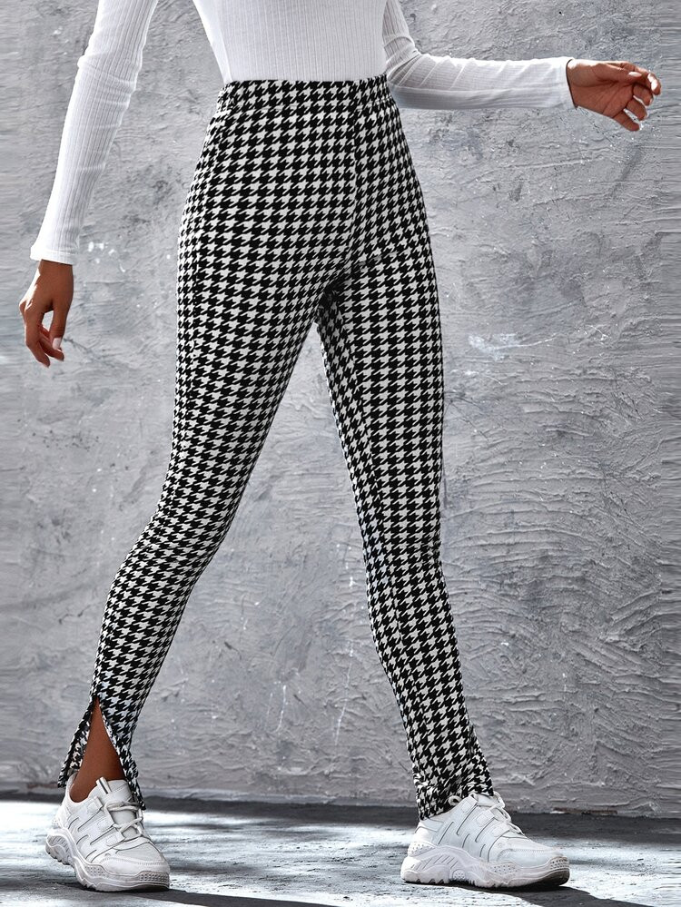 SHEIN Split Hem Houndstooth Pants | SHEIN