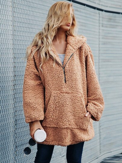 Half Zip Hooded Teddy Sweatshirt | SHEIN