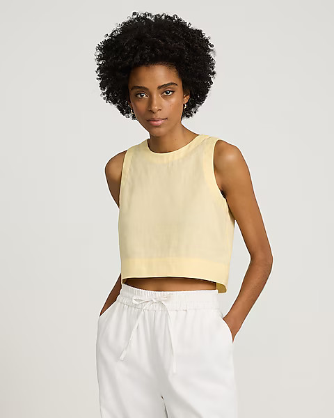 Linen-blend Crew Neck Button Back Cropped Tank | Express