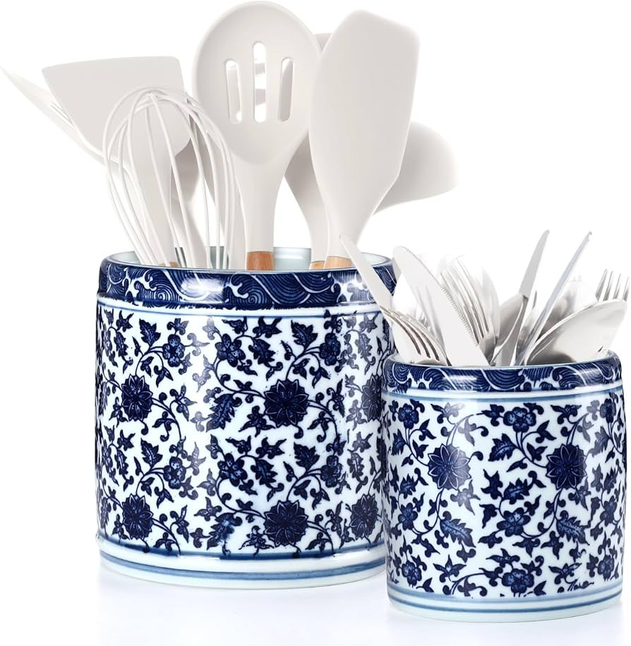 2 Pcs Blue and White Kitchen Utensil Holder 5"+6.1" Ceramic Kitchen Cooking Holder for Countertop... | Amazon (US)