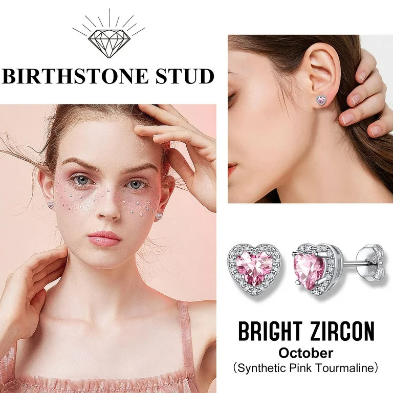 Bestyle Birthstone Stud Earrings for Women, 925 Sterling Silver Heart Created Diamond Studs Earri... | Walmart (US)