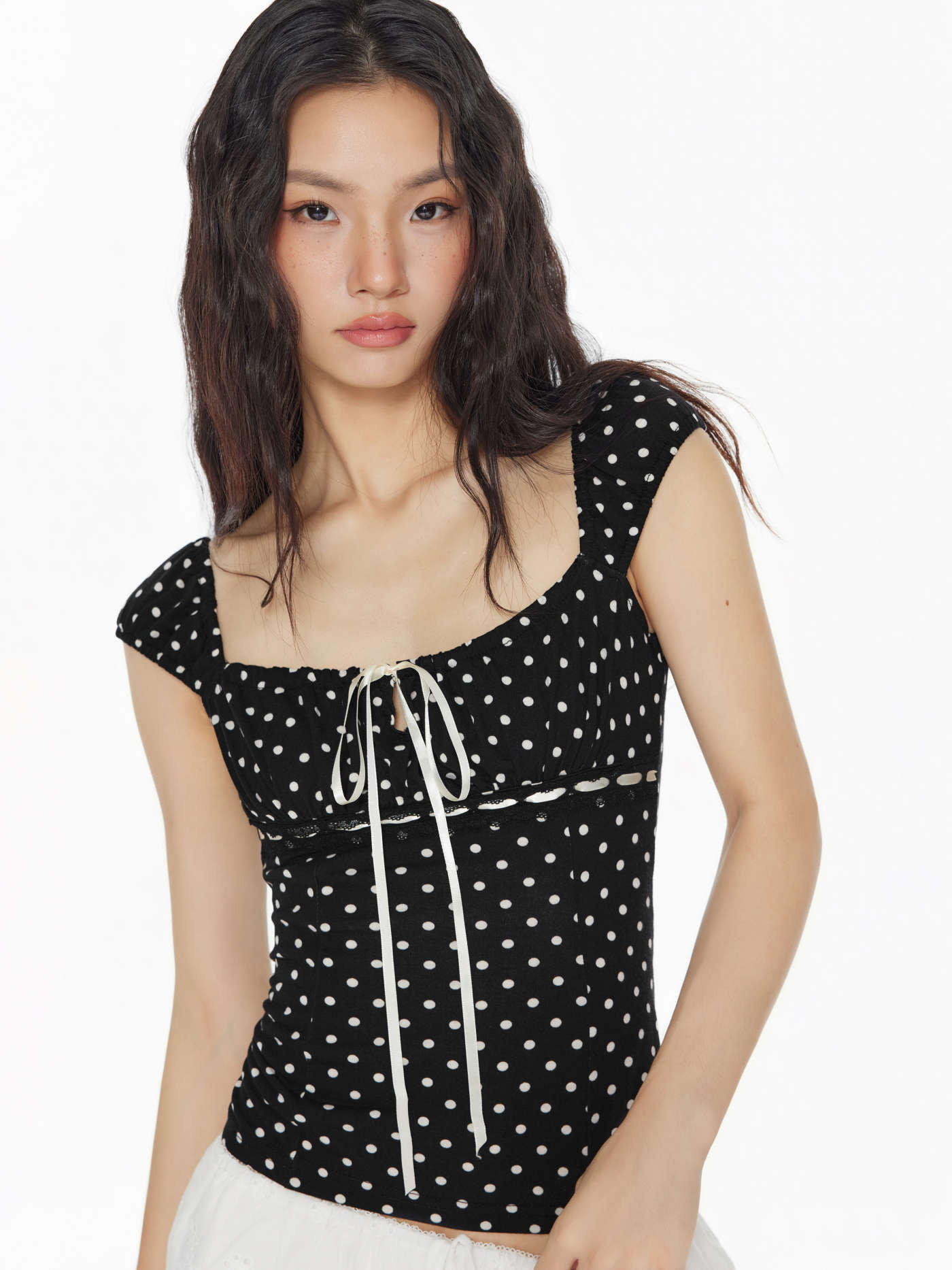 Square Neck Polka Dot Knotted Short Sleeve Top | Cider