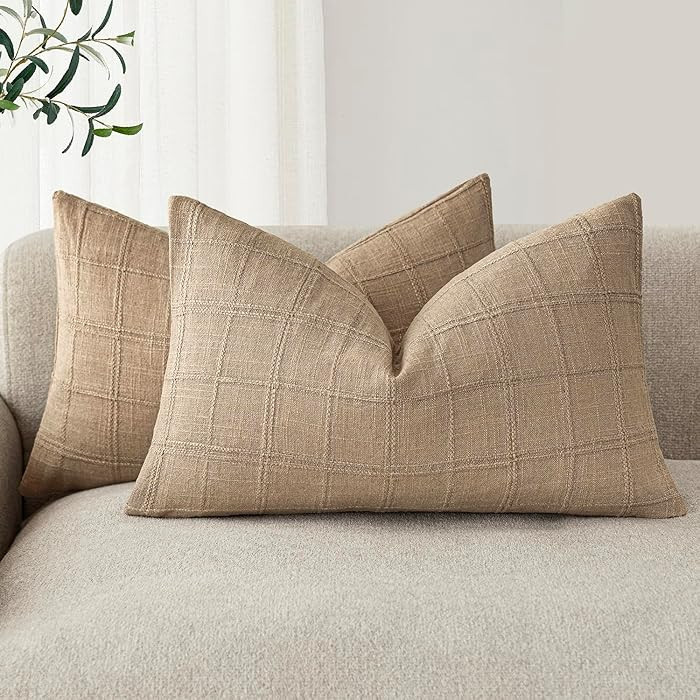 Foindtower Set of 2 Decorative Linen Check Throw Pillow Covers Neutral Farmhouse Lumbar Cushion C... | Amazon (US)