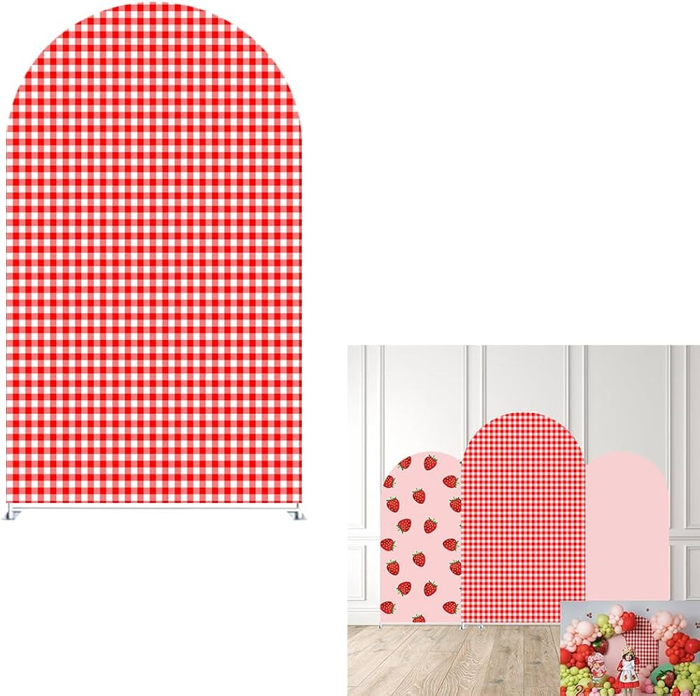 Red Plaids Sweet Strawberries Arch Backdrop Cover Double-Sided Arch Stretchy Cover Berry First Pi... | Amazon (US)