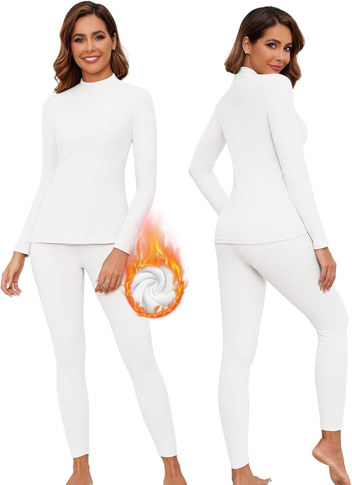 WOWENY Mock Neck Thermal Underwear Set For Women Long Johns Base Layer Fleece Lined Top And Botto... | Amazon (US)