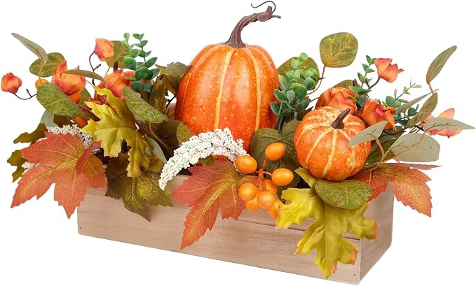 Fall Decor - Faux Pumpkins & Maple Leaves in Wood Box for Table Centerpiece, Shelf, Mantel, Windo... | Amazon (US)