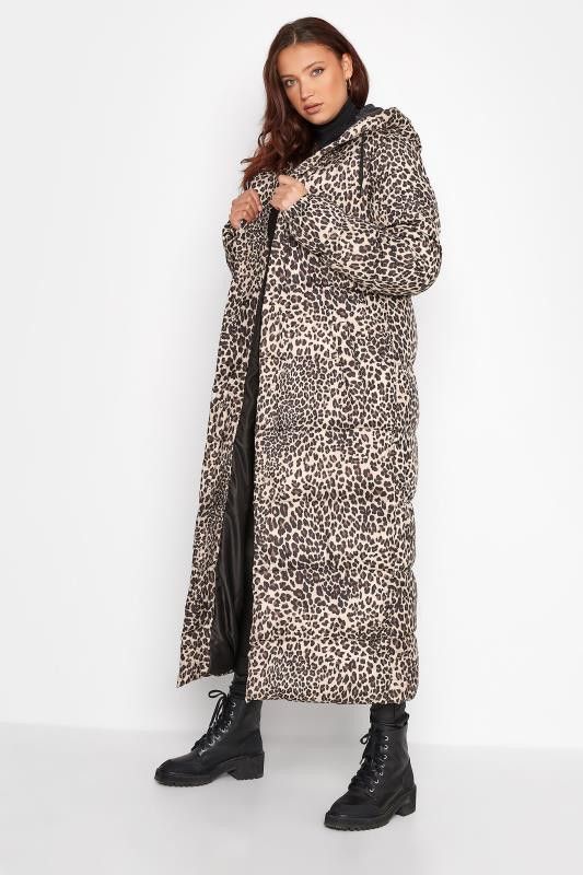 LTS Tall Beige Brown Animal Print Longline Puffer Coat | Long Tall Sally