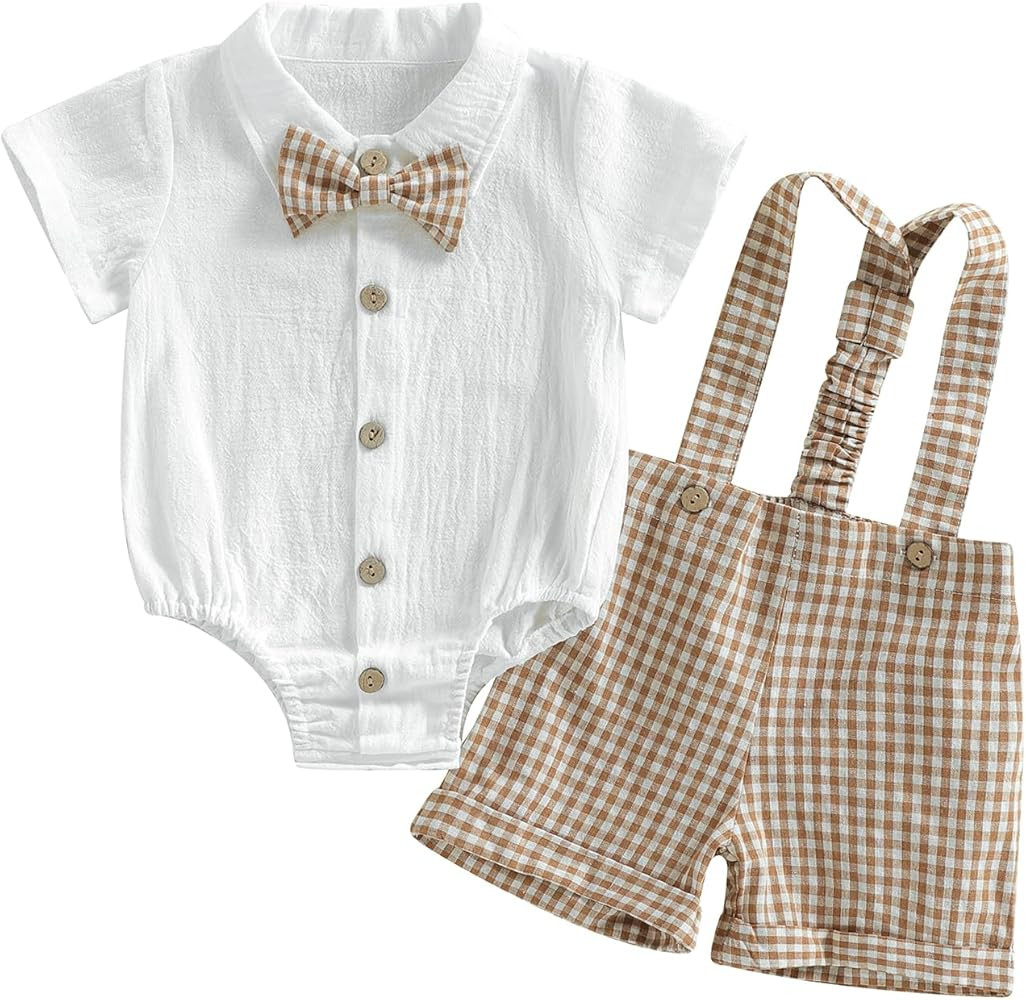 Baby Boy Clothes Set Infant Bow Tie Button Down Shirt Bodysuit Top Striped/Plaid Shorts 2Pcs Summ... | Amazon (US)