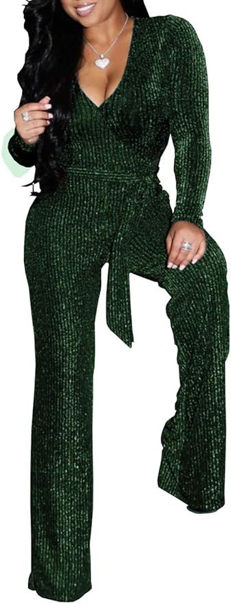 HannahZone Women's Sexy Sparkly Jumpsuits Clubwear Long Sleeve Elegant Party Rompers High Waisted... | Amazon (US)