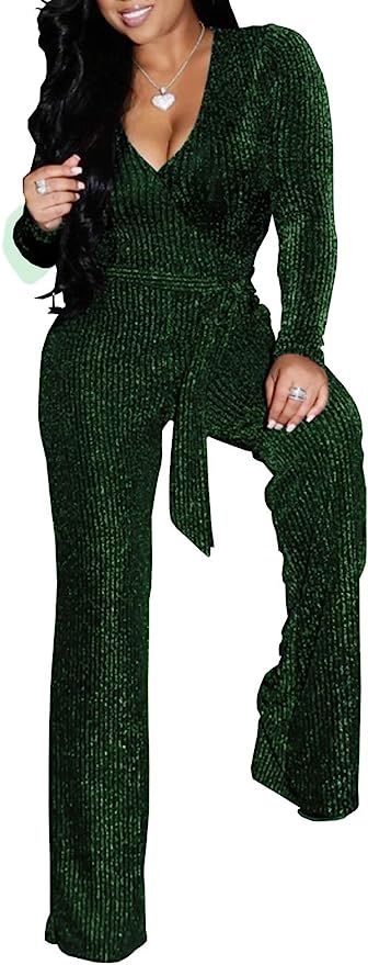 Amazon.com: Sparkly Jumpsuits for Women Elegant Night Sexy Plus Size Long Sleeve Clubwear Party C... | Amazon (US)