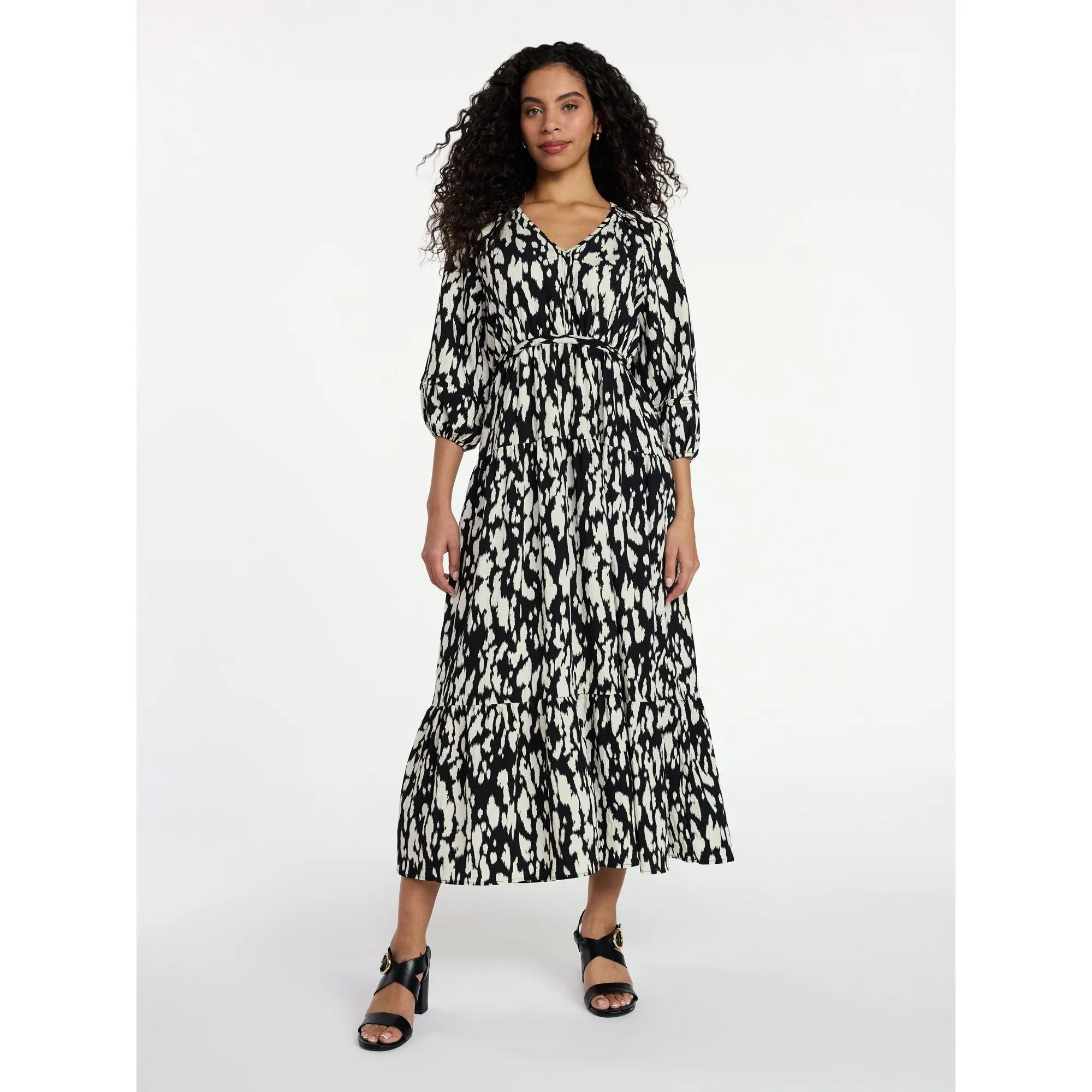 Time and Tru Women's V-Neck Maxi Dress with ¾-Length Sleeves, Sizes XS-XXXL | Walmart (US)