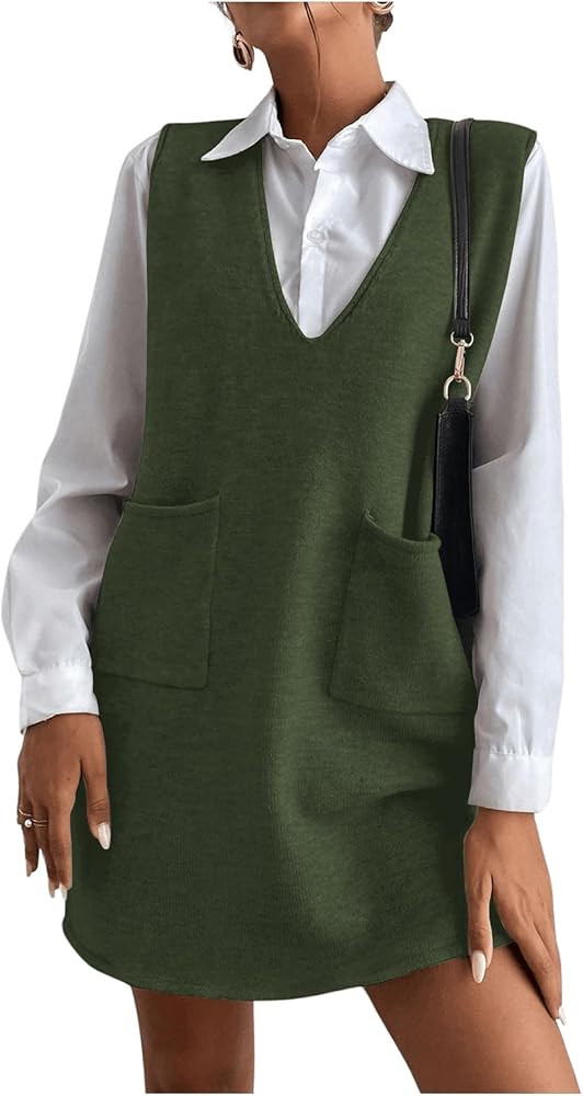 OYOANGLE Women's V Neck Sleeveless Knitted Solid Short Sweater Dress with Pockets | Amazon (US)