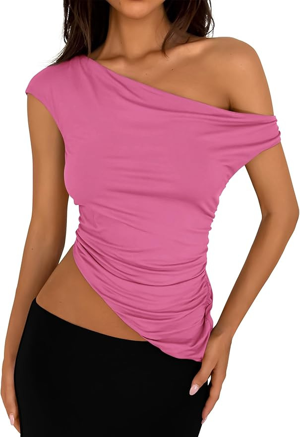 PRETTYGARDEN Womens 2024 Summer Off The Shoulder Sleeveless One Shoulder Ruched Asymmetrical Y2K ... | Amazon (US)