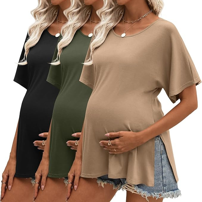 Riyiper 3 Pack Women's Maternity Tunic Shirts Cotton Summer Pregnancy Clothes Loose Oversized Spl... | Amazon (US)