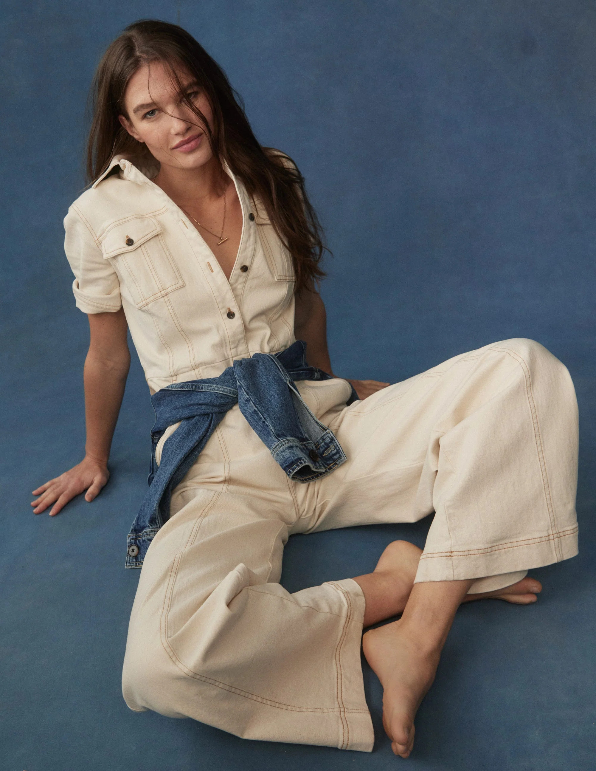 Short Sleeve Denim Jumpsuit-Ecru | Boden (US)