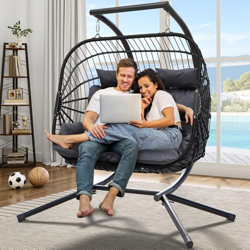 YITAHOME Hanging Egg Swing Chair with Stand Egg Chair Wicker Indoor Outdoor Hammock Egg Chair with Cushions 550lbs for Patio, Bedroom, Garden and Balcony, Dark Gray(Stand Included) | Amazon (US)
