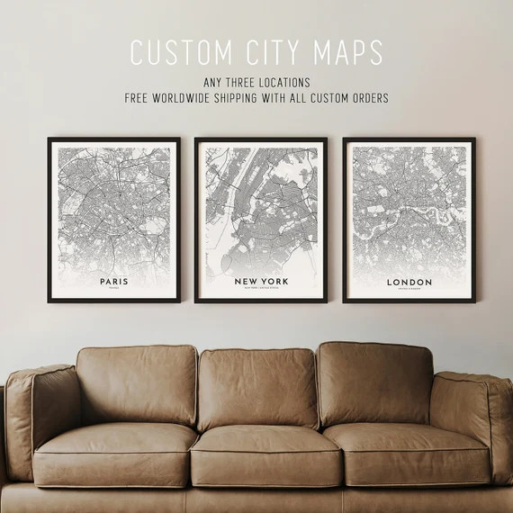 Personalized Map Print, Set of Three, Map Prints, Custom Locations, Your Choice, Anniversary, Cus... | Etsy (US)