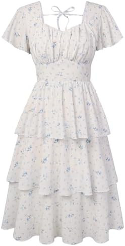 Belle Poque Women's Vintage Square Neck Dress 2026 Summer Short Sleeve Layered Tiered Ruffle A-li... | Amazon (US)
