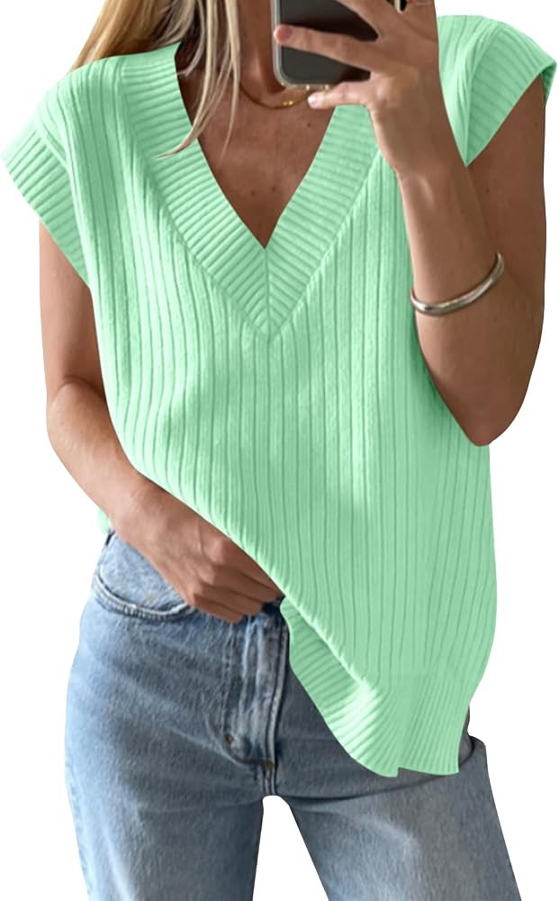 Saodimallsu Womens V Neck Sweater Vest Oversized Ribbed Knit Sleeveless Casual Loose Fit Pullover... | Amazon (US)