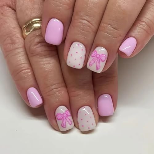 Pink Press on Nails Short Square Cute Fake Nails Valentine’s Day Press on Nails with Bow-Knot Designs Pink Acrylic Nails Full Cover Valentines Nails Glue on False Nails with Designs for Women 24PCS | Amazon (US)