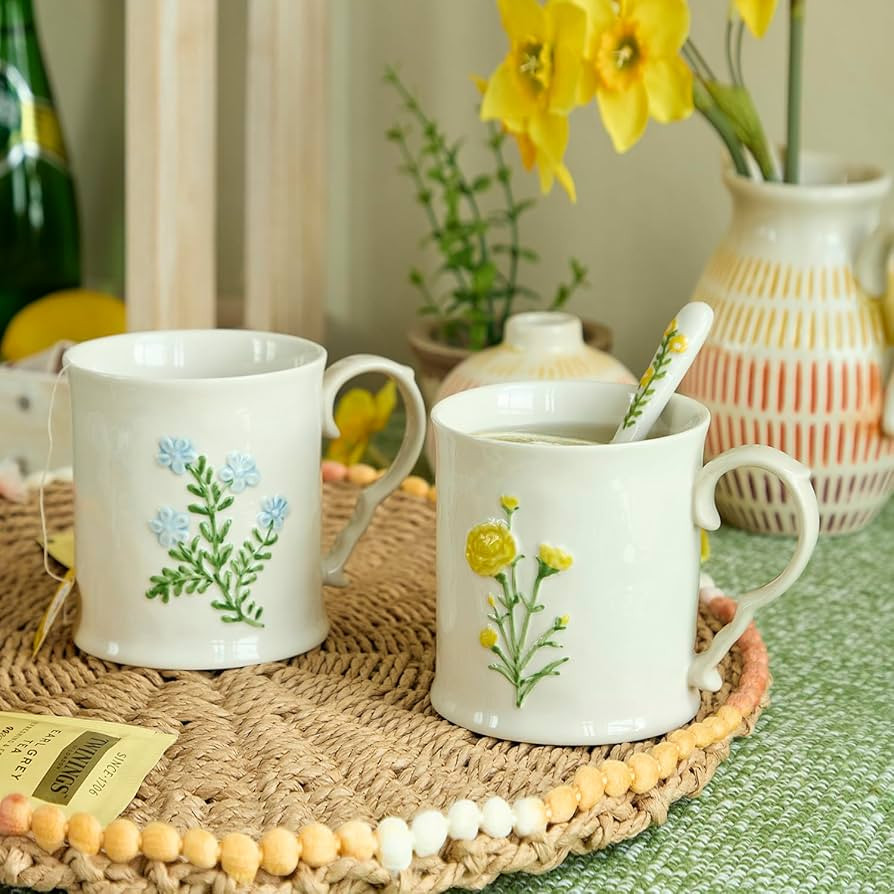 2 Pack Floral Ceramic Coffee Mugs - Yellow and Blue Flowers, Hand-Painted, Microwave & Dishwasher... | Amazon (US)