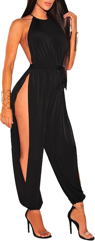 CHARTOU Women's Sexy Halter Sleeveless Tie Knot Jumpsuit Side Slit Nightclub Outfit | Amazon (US)