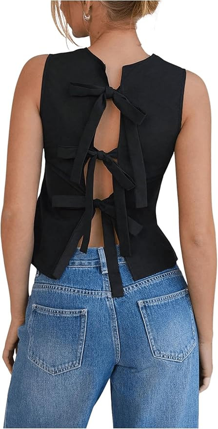 Floerns Women's Cute Crew Neck Sleeveless Tank Top Bow Tie Back Blouse Tops | Amazon (US)