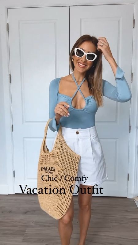 Loving this chic and comfortable vacation outfit. I’m love with the white shorts and the blue bodysuit. The perfect combo for a resort style. Everything fits true to size, I am wearing a size small on all of them.

#LTKitbag #LTKshoecrush #LTKstyletip