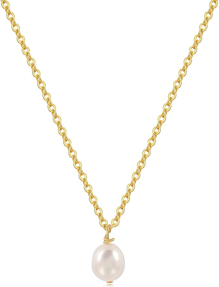 Tewiky Pearl Necklaces for Women, Dainty Gold Necklace 14k Gold Plated Single Pearl Necklace Simp... | Amazon (US)