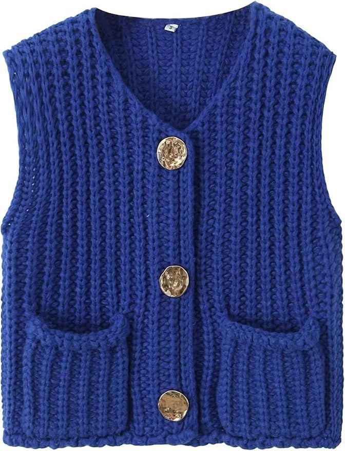 Women's Chunky Knit Vest Button Down Casual Sleeveless Cropped Crochet Sweater Cardigan with Pock... | Amazon (US)