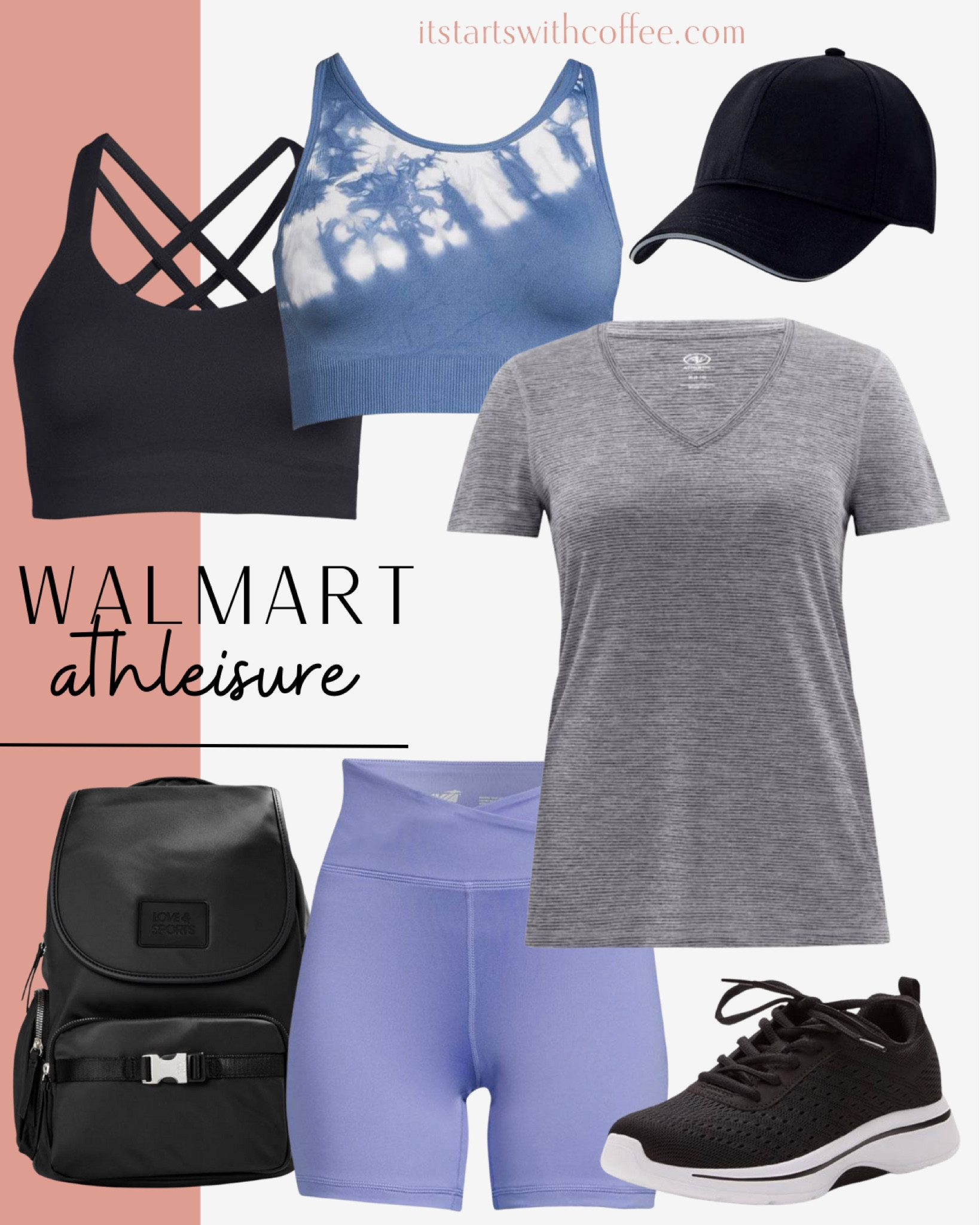 Walmart athleisure includes sports bras, black baseball hat, gray v neck shirt, black tennis shoes, blue biker shorts, and black backpack.

Athleisure, outfit idea, Walmart finds, casual clothes, casual outfit, work from home outfit 

#LTKunder50 #LTKstyletip #LTKfit