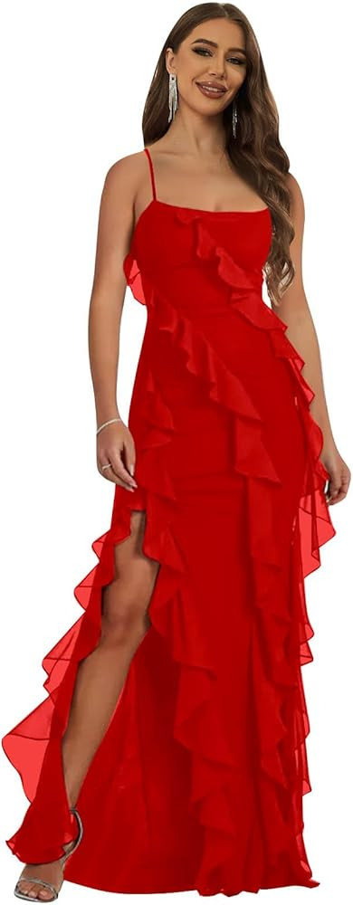 Women's Spaghetti Straps Ruffled Chiffon Bridesmaid Dresses with Slit Long Formal Evening Dress | Amazon (US)