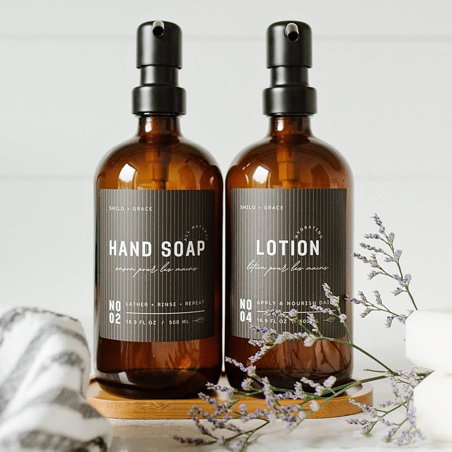 Amber 16oz Glass Soap Dispenser Set with Non-Slip Bamboo Tray | Black Stainless Steel Pumps | 12 ... | Amazon (US)