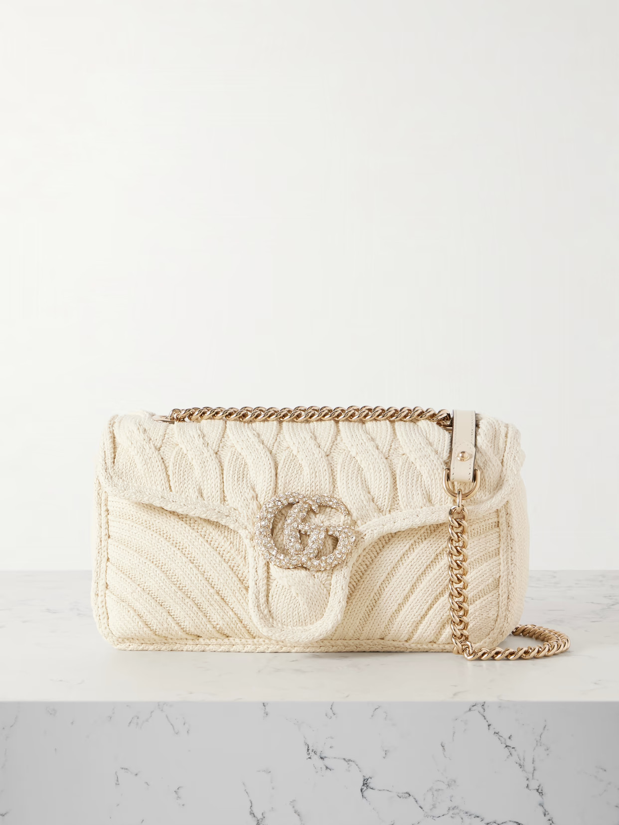 Gucci - Gg Marmont 2.0 Crystal-embellished Leather-trimmed Cable-knit Shoulder Bag - Ivory | NET-A-PORTER (US)