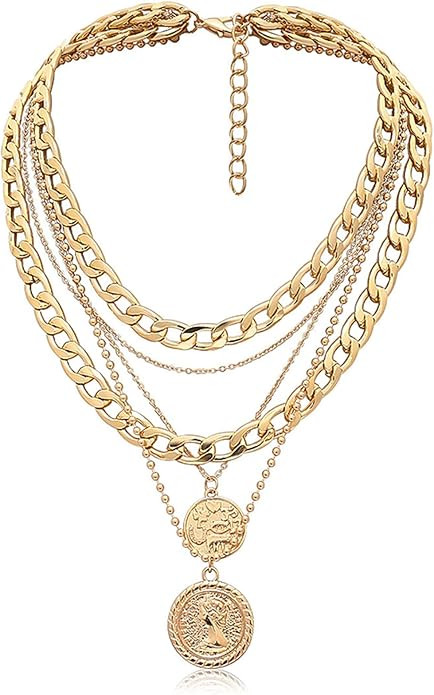 MJartoria Gold Layered Necklaces for Women Trendy Retro Coin Pendant Gold Necklace Dainty Chunky ... | Amazon (US)